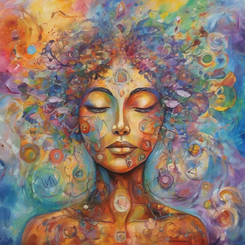 Εκφραστική τέχνη με χρωματιστό πορτρέτο γυναίκας και αφηρημένα μοτίβα.